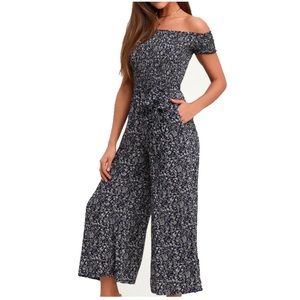 Lulus Behold Navy Blue Floral Print Off-the-shoulder Jumpsuit M